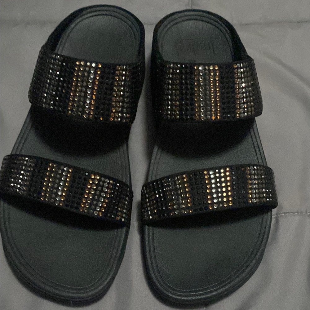 Fitflop Black Slide Sandals with rhinestones